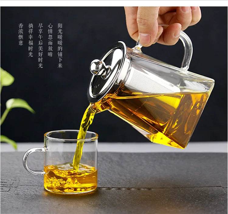 Heat Resistant Glass Teapot With Stainless Steel Coffee Infuser Heated Container Tea Pot Good Clear Kettle Square Filter Baskets - MarvelouStoree