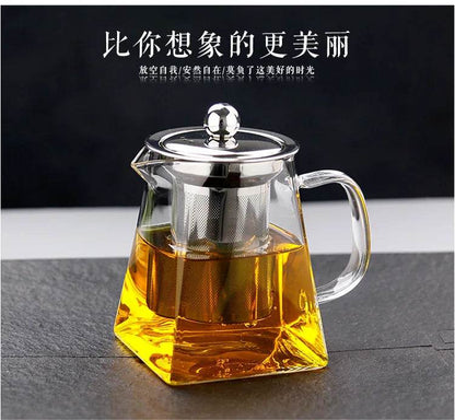 Heat Resistant Glass Teapot With Stainless Steel Coffee Infuser Heated Container Tea Pot Good Clear Kettle Square Filter Baskets - MarvelouStoree