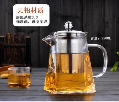 Heat Resistant Glass Teapot With Stainless Steel Coffee Infuser Heated Container Tea Pot Good Clear Kettle Square Filter Baskets - MarvelouStoree