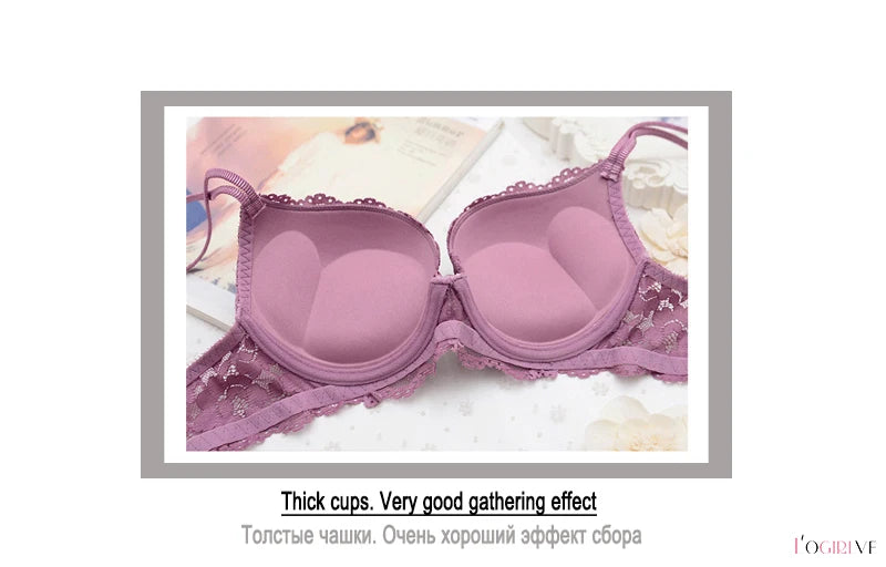 Logirlve Hot Sexy Push Up Bra Deep V Brassiere Thick Cotton Women Underwear Lace Purple Embroidery Flowers Lingerie A B Cup Bras