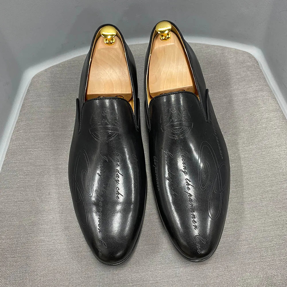 Italian Style Men Loafers Shoes Handmade Letter Print High Quality Genuine Leather Dress Shoes for Men Business Formal Shoes