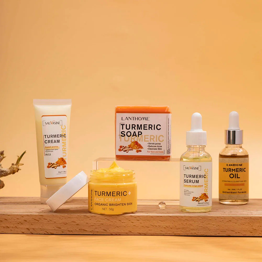 Turmeric Face Care Sets Turmeric Facial Acne Cleansing Cream Fade Dark Spots Turmeric Serum Anti-Aging Skin Moisturizing 5pcs