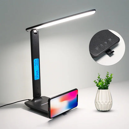 LAOPAO 10W QI Wireless Charging LED Desk Lamp With Calendar Temperature Alarm Clock Eye Protect Study Business Light Table Lamp