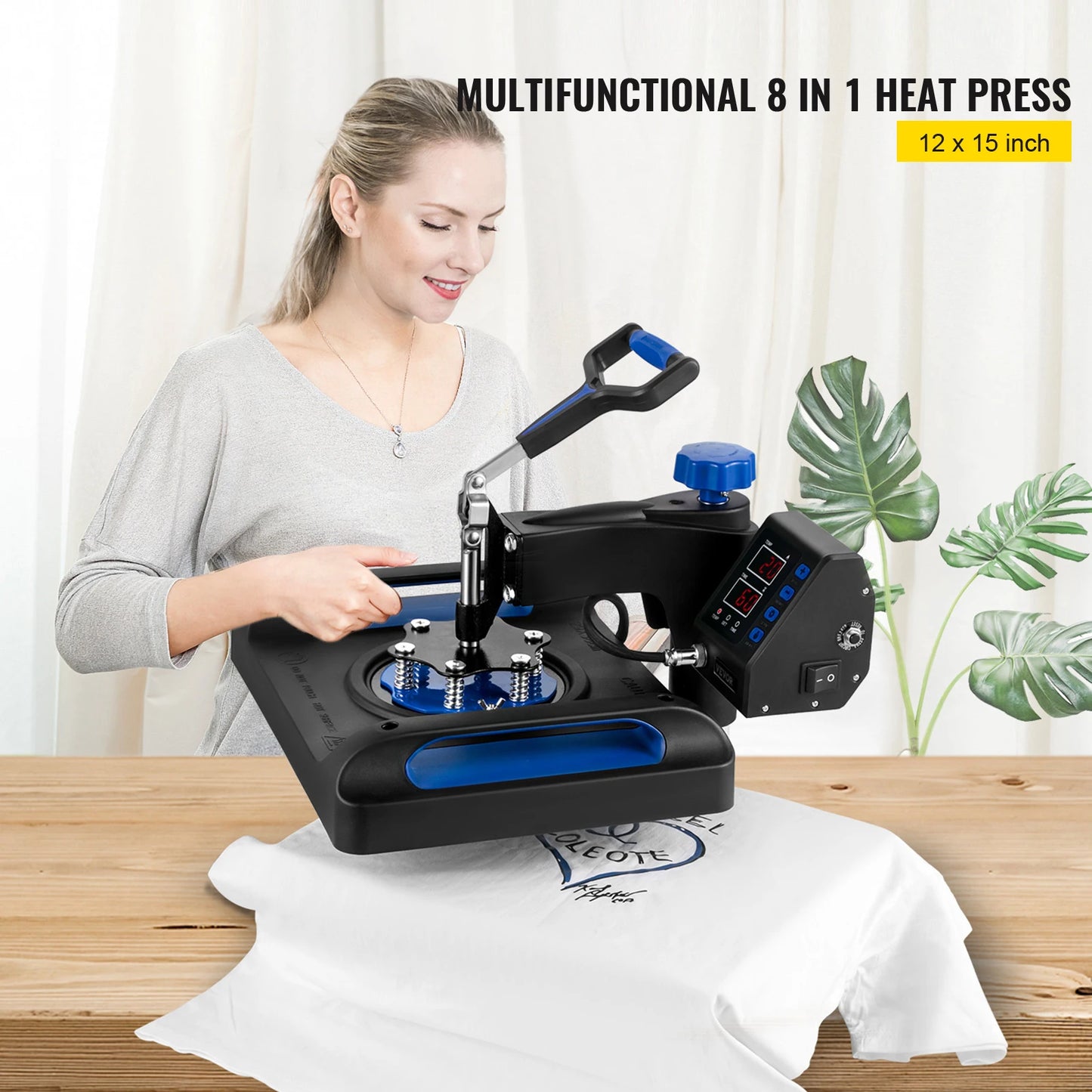 VEVOR 5/8in1 15x15"/12x15" Dual-tube Heating Insulation Cotton Heat Press Sublimation Machine 360° Swing Design for T-shirts Etc