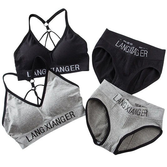 New Women's Cotton For Underwear Set Letter Sports Bra Seamless Female Underwear Comfort No Steel Ring Suit Solid Color Chest