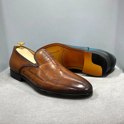 Italian Style Men Loafers Shoes Handmade Letter Print High Quality Genuine Leather Dress Shoes for Men Business Formal Shoes