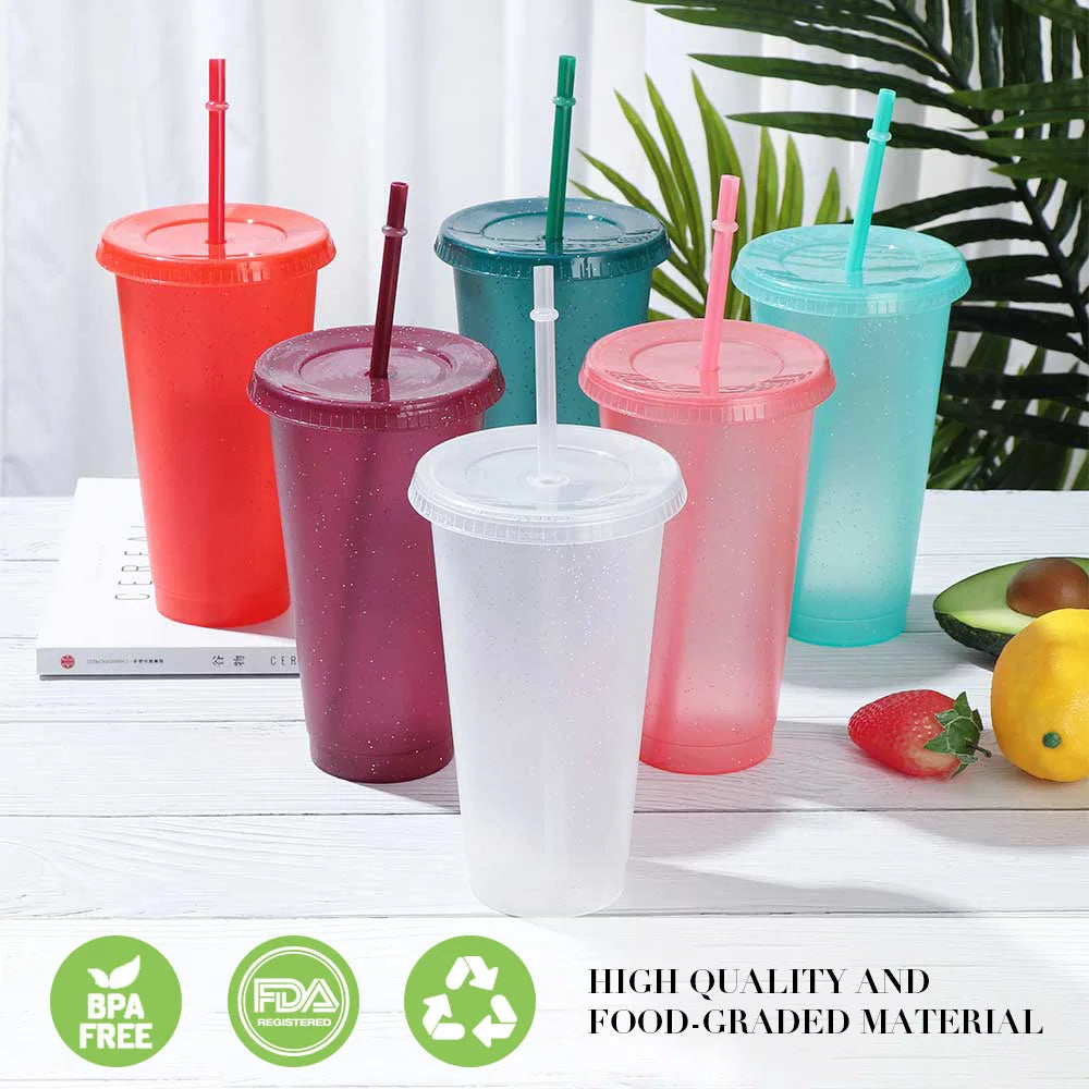 5PCS Flash Powder Water Bottles For Girl With Straw Reusable Hard Plastic Tumbler With lid Coffee Cup Drinkware Christmas Gift