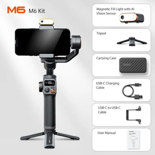 Hohem Office Gimbal iSteady M6 3-Axis Cell phone stabilize for xiaomi with AI tracker Magnetic Fill Light Full Color Video Vlogg