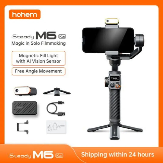 Hohem Official-website iSteady M6 3-Axis Gimbal Cell phone stabilizer with AI Magnetic Fill Light Full Color Video Record Vlogg