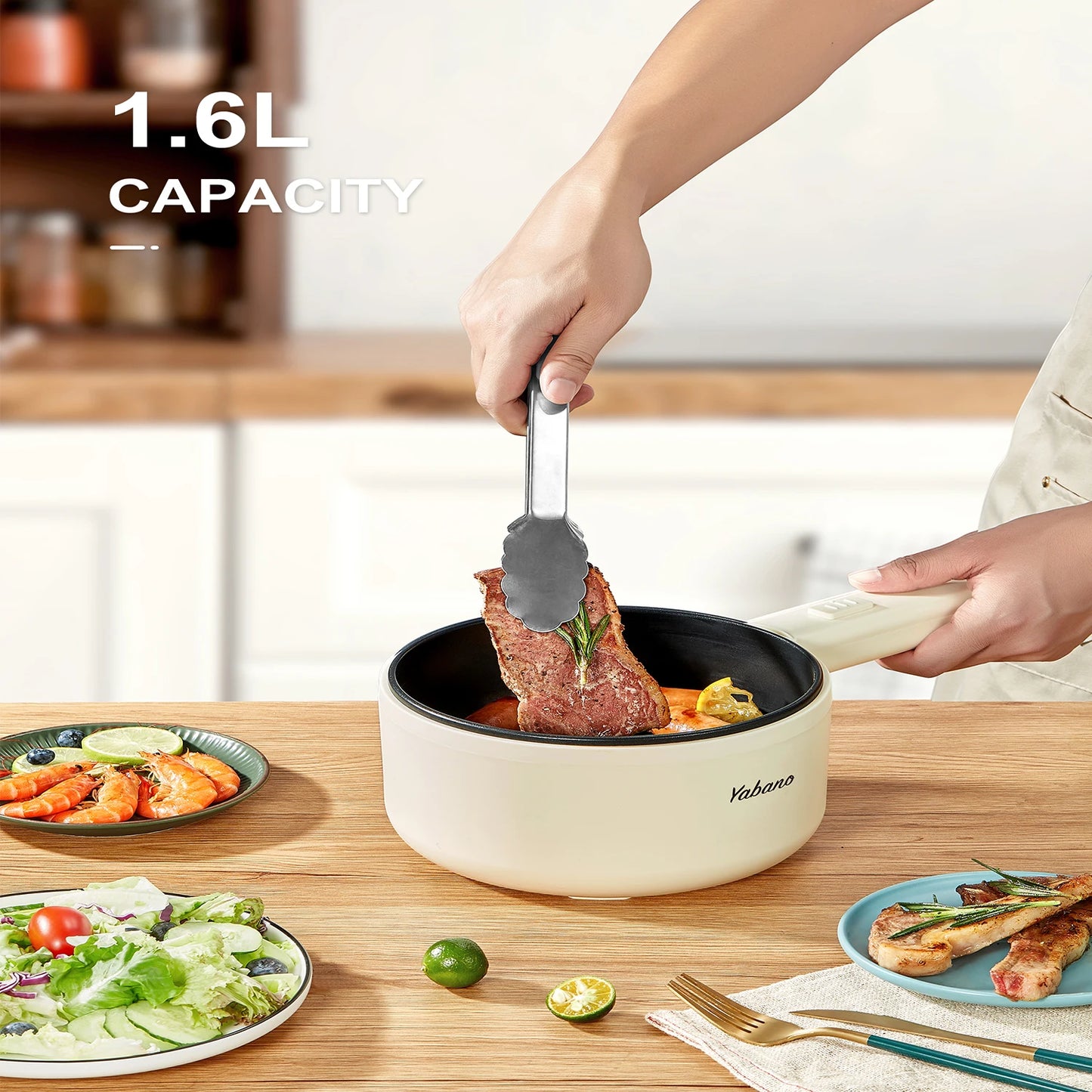 Hot Pot Electric With Steamer, 1.6L Ramen Cooker Non-Stick Sauté Pan for Steak, Egg, Fried Rice, Ramen, Oatmeal, Soup, Portable