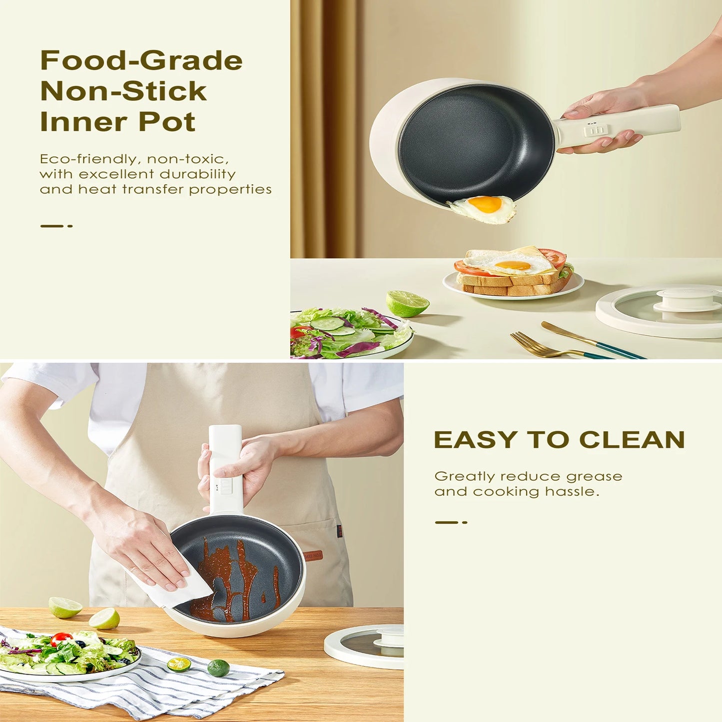 Hot Pot Electric With Steamer, 1.6L Ramen Cooker Non-Stick Sauté Pan for Steak, Egg, Fried Rice, Ramen, Oatmeal, Soup, Portable