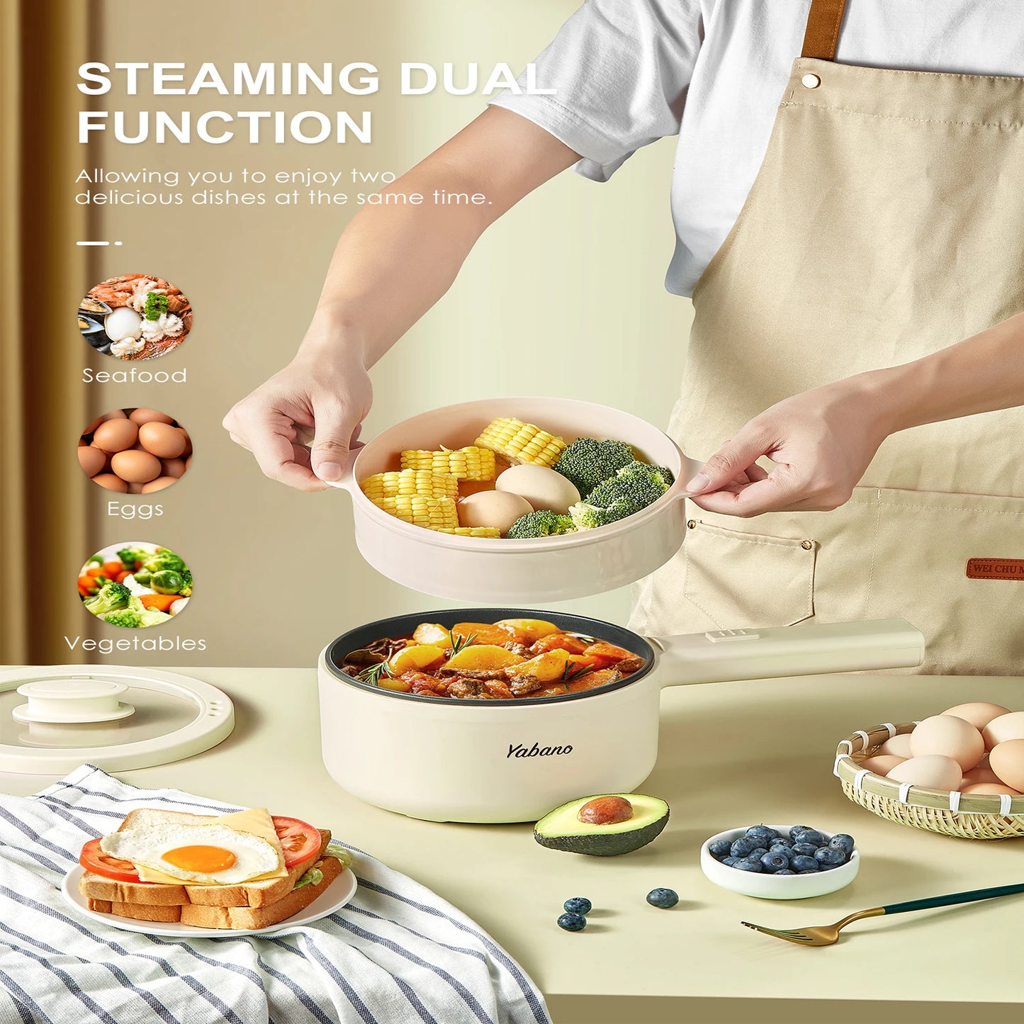 Hot Pot Electric With Steamer, 1.6L Ramen Cooker Non-Stick Sauté Pan for Steak, Egg, Fried Rice, Ramen, Oatmeal, Soup, Portable