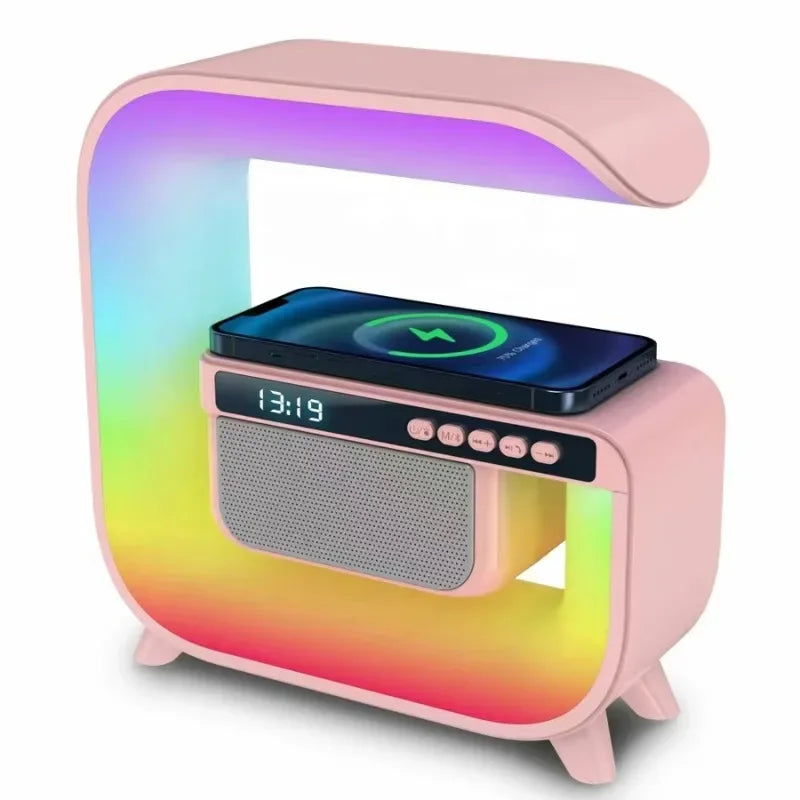 Hot selling smart electronics G shaped multi function alarm clock bluetooth speaker led lamp wireless charger