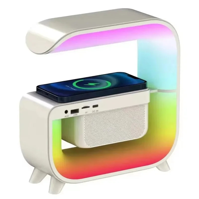 Hot selling smart electronics G shaped multi function alarm clock bluetooth speaker led lamp wireless charger