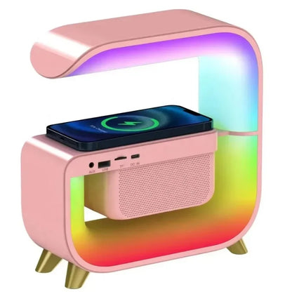 Hot selling smart electronics G shaped multi function alarm clock bluetooth speaker led lamp wireless charger