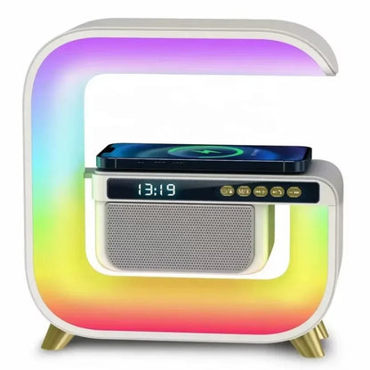 Hot selling smart electronics G shaped multi function alarm clock bluetooth speaker led lamp wireless charger