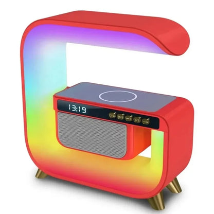 Hot selling smart electronics G shaped multi function alarm clock bluetooth speaker led lamp wireless charger