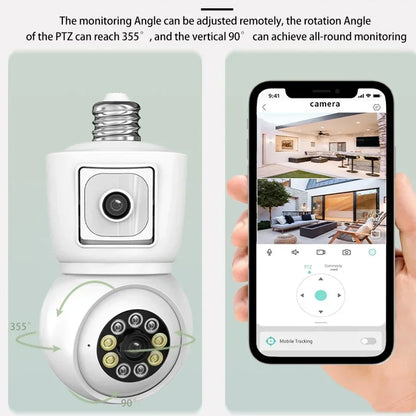 ICSEE 4K 8MP E27 Bulb WiFi Camera Dual Lens Dual Screen Auto Tracking Two Way Audio Color Night Vision Outdoor Security Camera