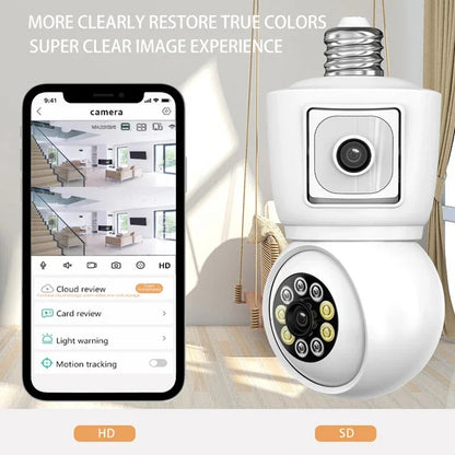 ICSEE 4K 8MP E27 Bulb WiFi Camera Dual Lens Dual Screen Auto Tracking Two Way Audio Color Night Vision Outdoor Security Camera