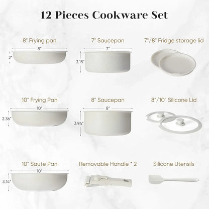 JHK 12pcs Pots and Pans Set - Nonstick Cookware Sets with Detachable Handle - Kitchenware for Your Home Cooking Needs, Beige