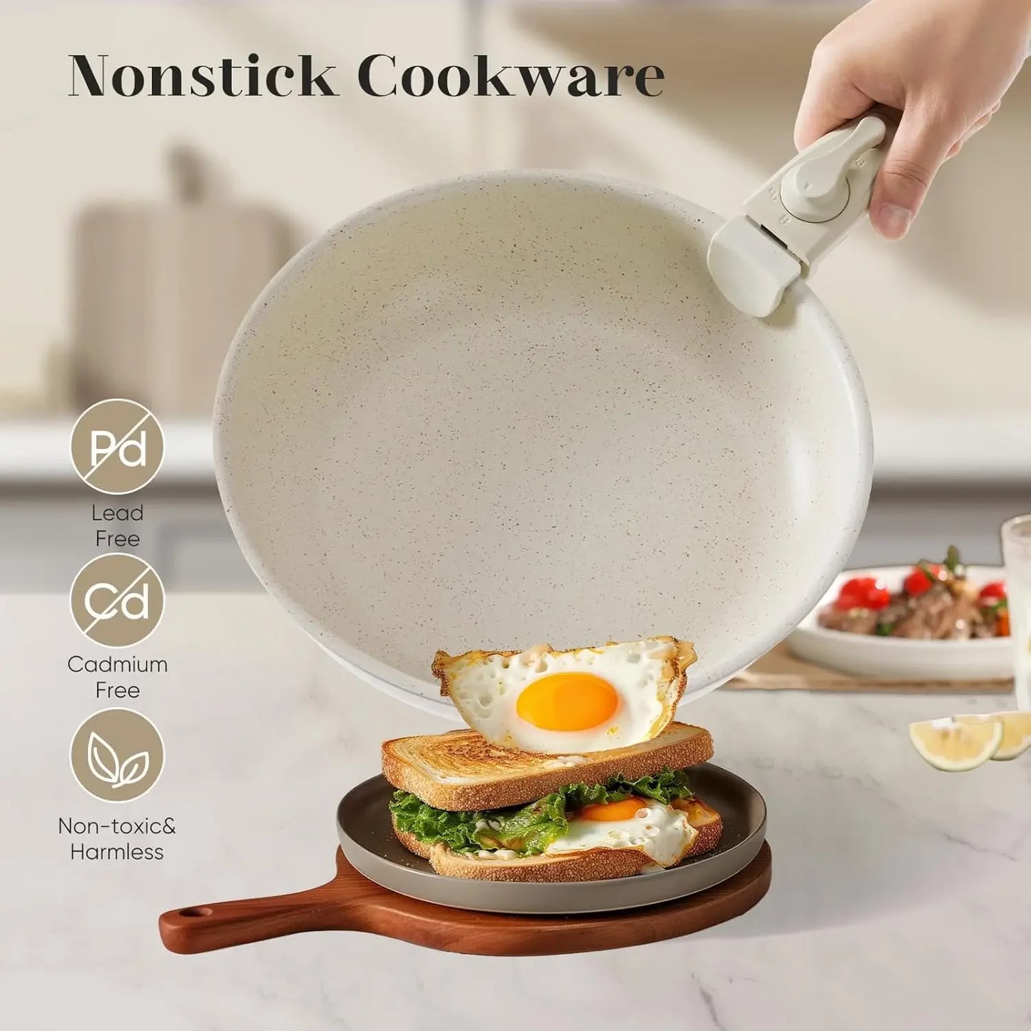 JHK 12pcs Pots and Pans Set - Nonstick Cookware Sets with Detachable Handle - Kitchenware for Your Home Cooking Needs, Beige