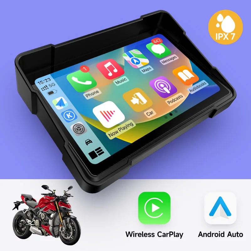 5Inch Motorcycle dash cam Wireless Apple Carplay Android Auto Portable Navigation GPS Screen IPX7  Waterproof Display Dual BT