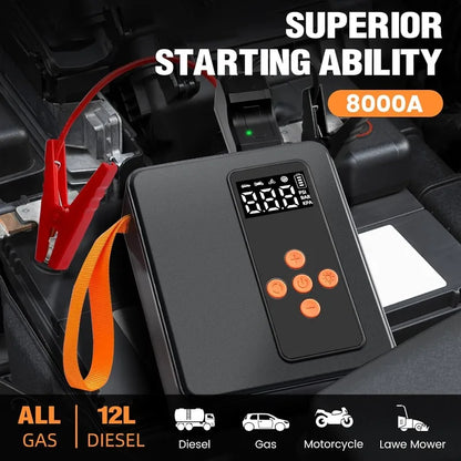 Jump Starter with Air Compressor,8000A 160PSI 32000mAh 12V Car Battery,Tire Inflator(All Gas/16L Diesel),Portable