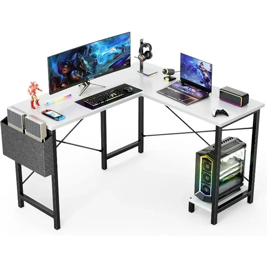 Marveloustoree L Shaped Computer Desk Wood Corner PC Gaming Table with Side Storage Bag for Home Office Small Spaces