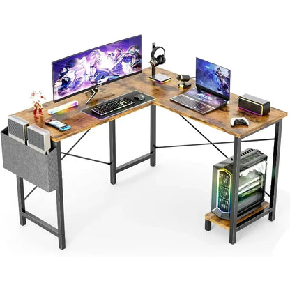 Marveloustoree L Shaped Computer Desk Wood Corner PC Gaming Table with Side Storage Bag for Home Office Small Spaces