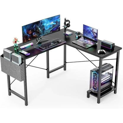 Marveloustoree L Shaped Computer Desk Wood Corner PC Gaming Table with Side Storage Bag for Home Office Small Spaces