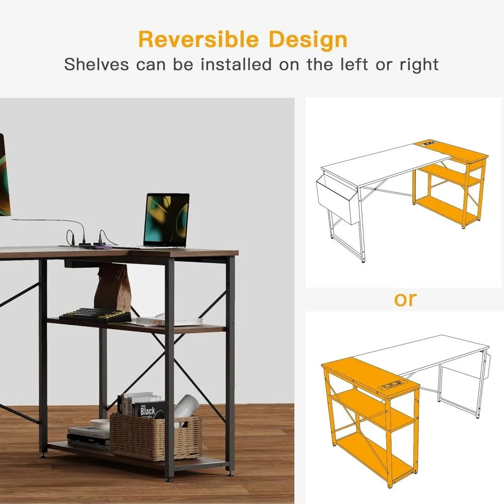 Marveloustoree L Shaped Computer Desk with Reversible Shelves, Gaming Desk Study Writing Desk for Home Office Bedroom Small Space