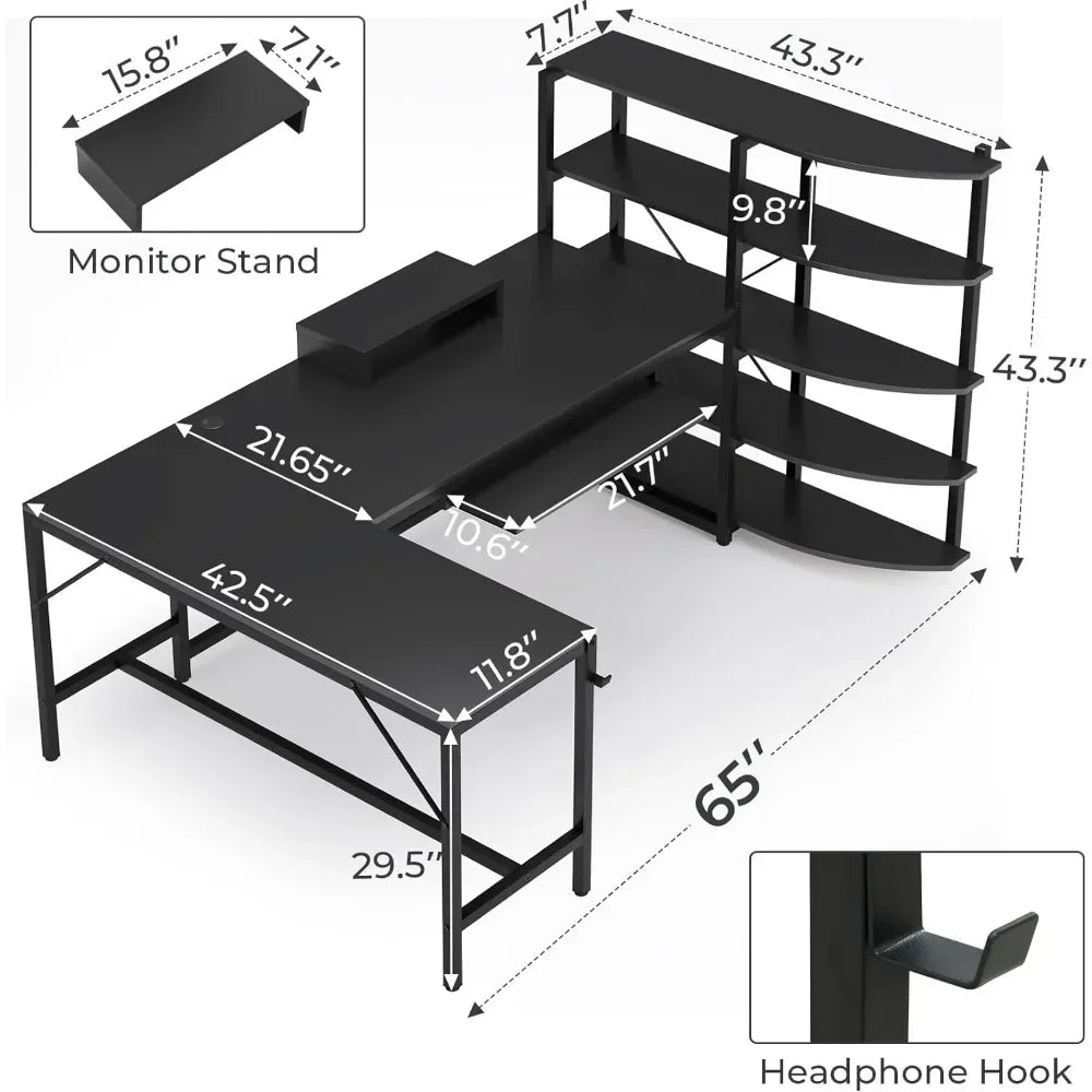 Marveloustoree L Shaped Gaming Desk, 65'' Corner Gaming Desk, Computer Desk with Storage Shelves, Keyboard Tray, Monitor Stand