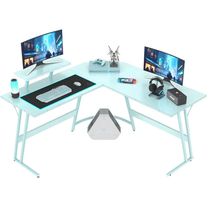 L Shaped Gaming Desk Computer Corner Desk PC Gaming Desk Table w/ Large Monitor Riser Stand for Home Office (Blue, 51 Inch)