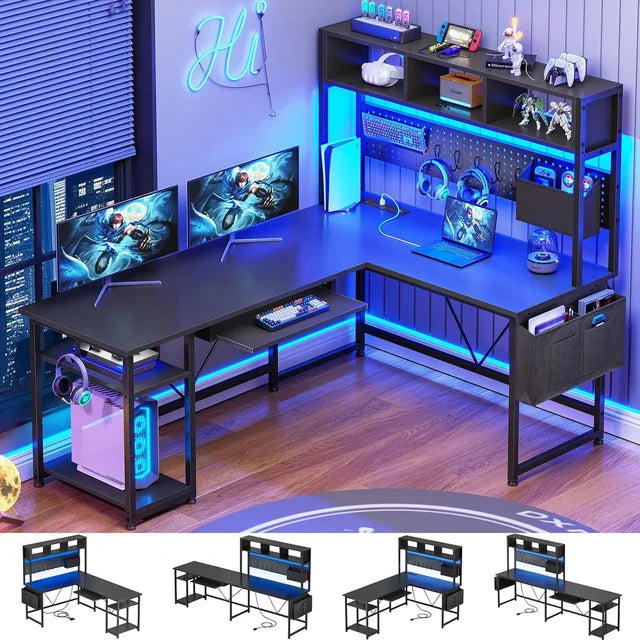 Marveloustoree L Shaped Gaming Desk, Gaming Desk with Pegboard, LED Lights, Power Outlet, Keyboard Tray, 57.5” Reversible Corner Computer Desk