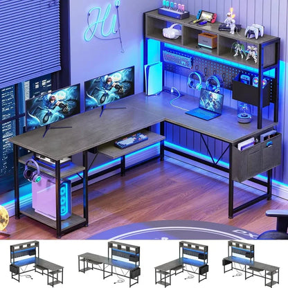 Marveloustoree L Shaped Gaming Desk, Gaming Desk with Pegboard, LED Lights, Power Outlet, Keyboard Tray, 57.5” Reversible Corner Computer Desk