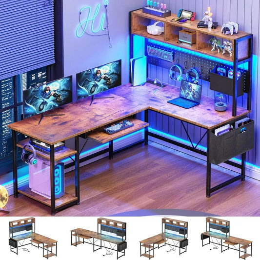 Marveloustoree L Shaped Gaming Desk, Gaming Desk with Pegboard, LED Lights, Power Outlet, Keyboard Tray, 57.5” Reversible Corner Computer Desk