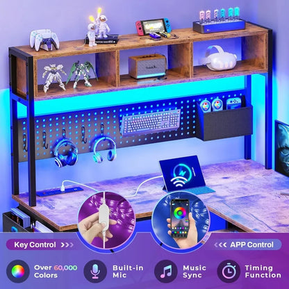 Marveloustoree L Shaped Gaming Desk, Gaming Desk with Pegboard, LED Lights, Power Outlet, Keyboard Tray, 57.5” Reversible Corner Computer Desk