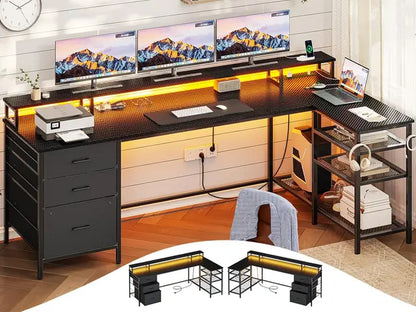 Marveloustoree L Shaped Gaming Desk, Power Outlet & LED Strip, Desk with Storage Shelves Monitor Shelf Mouse Pad, 78