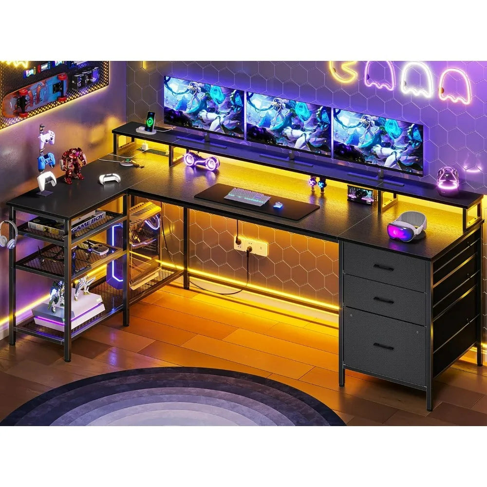 Marveloustoree L Shaped Gaming Desk, Power Outlet & LED Strip, Desk with Storage Shelves Monitor Shelf Mouse Pad, 78