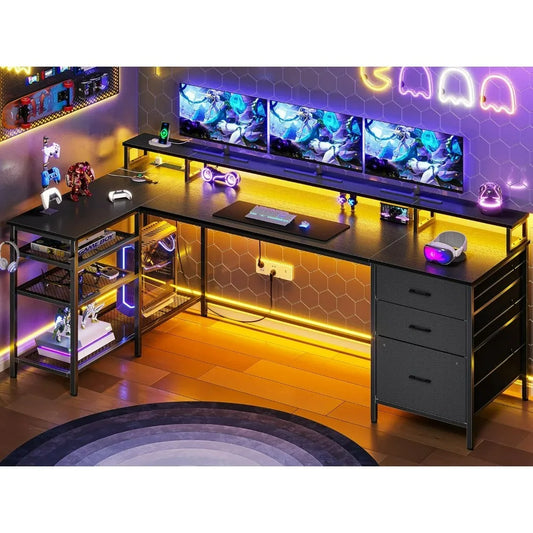 Marveloustoree L Shaped Gaming Desk, Power Outlet & LED Strip, Desk with Storage Shelves Monitor Shelf Mouse Pad, 78