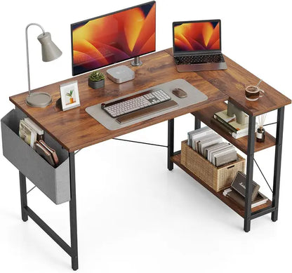 L Shaped Small Computer Desk with Storage Shelves, 40" Home Office Corner Study Writing Table, Black