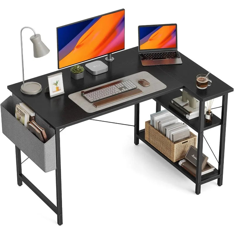 L Shaped Small Computer Desk with Storage Shelves, 40" Home Office Corner Study Writing Table, Black