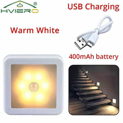 LED Night Light Smart Motion Sensor Battery USB Charging Operated Bedside Lamp Living Room Hallway Pathway Toilet Home Lighting - MarvelouStoree