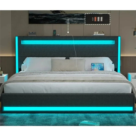 LED Queen Bed Frame, Adjustable Headboard, Light Up with Type-C & USB Charging Station, Upholstered Metal Bedframe, Bed Frame