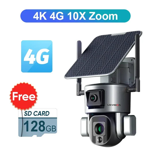 LS VISION 4K 8MP Dual Lens Solar Camera Outdoor 4G/WiFi Dual Screens 4X 10X Optical Zoom Humanoid Tracking PTZ Security Cameras