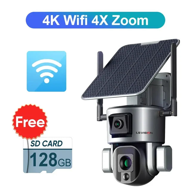 LS VISION 4K 8MP Dual Lens Solar Camera Outdoor 4G/WiFi Dual Screens 4X 10X Optical Zoom Humanoid Tracking PTZ Security Cameras