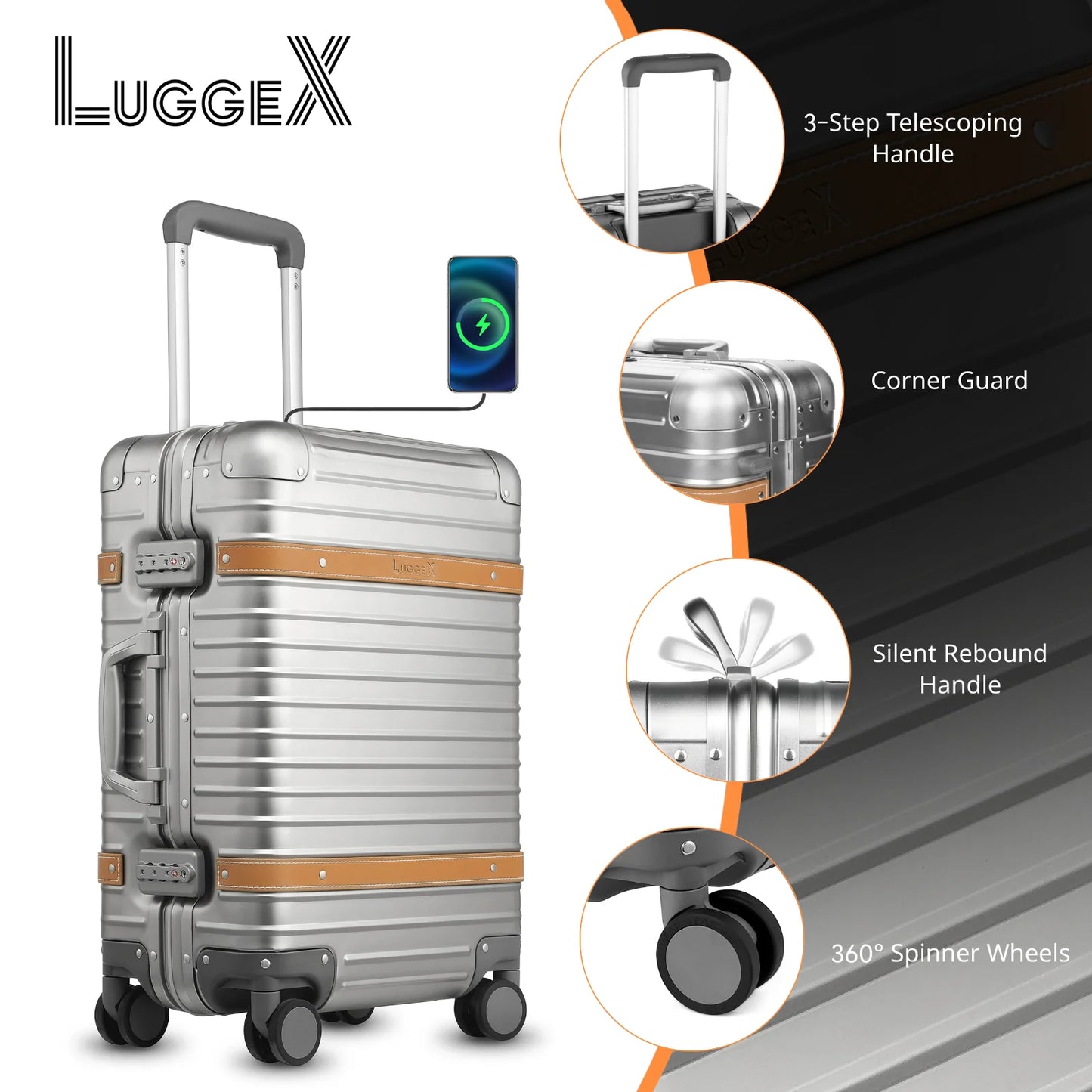 LUGGEX All Aluminum Carry On Luggage with USB Port - Hard Shell Zipperless Luggage with Wheels - Retro Meets Tech Travel