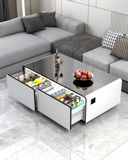 Living Room Table with Built in Fridge and Speakers, Smart Table with 15W Wireless Charging, USB Chargers and 110V Outlets