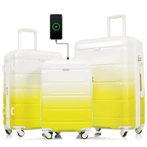 Luggage Set of 3, 20", with USB Port, Airline Certified Carry-On, with Cup Holder, ABS+PC Hard Shell Luggage