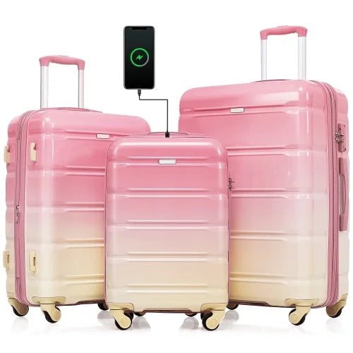 Luggage Set of 3, 20", with USB Port, Airline Certified Carry-On, with Cup Holder, ABS+PC Hard Shell Luggage